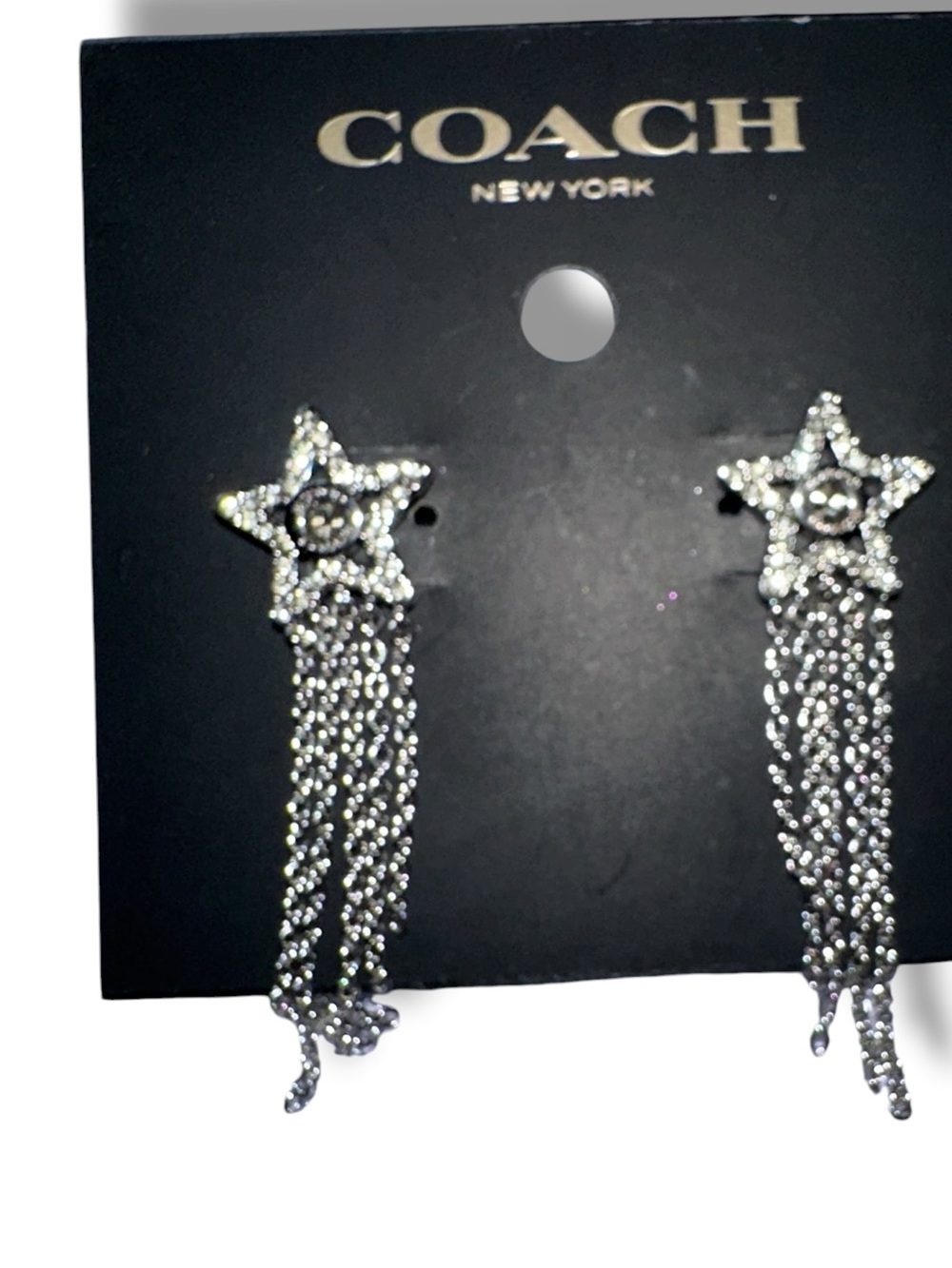 ✨ NWT Coach Signature Pavé Star Tassel Fringe Drop Earrings ✨ - Picture 2 of 6